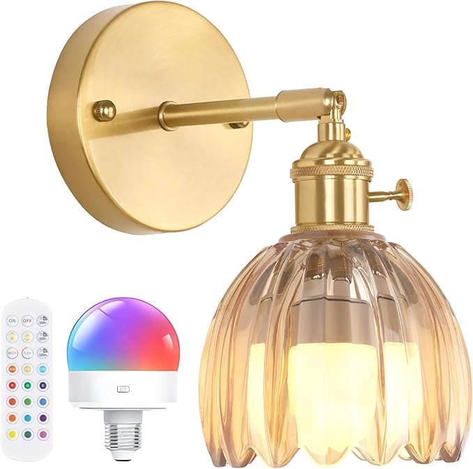 Shenmoyl Vintage Battery Operated Wall Sconce with Amber Tulip Glass Lampshade Rechargeable Battery Powered Wall Light with Remote Control for Bedside Bedroom Doorway