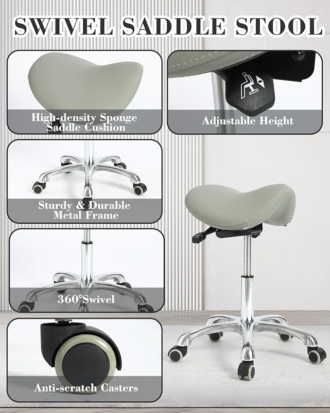 Conforms to ergonomics, with a Saddle Stool That can be Tilted and a Rotating Stool with Hydraulic Lifting Height Adjustment, Suitable for Office, Gray