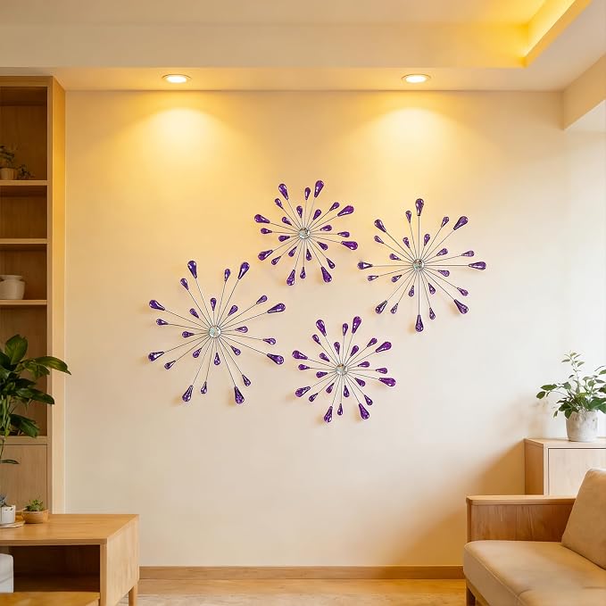 ZEXUIRU 4 Set Silver Starburst Wall Art for Home Decor Metal Bling Crystal Rhinestones Sunburst Wall Decor Sparkling Rhinestone Art Accent -Purple 13in/11.8in/9.8in/9.8in
