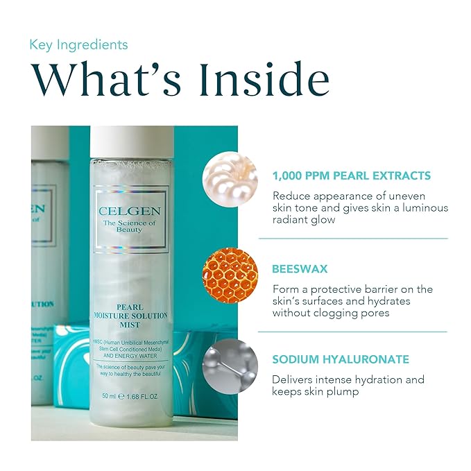 [CELGEN] Pearl Moisture Solution Mist – 3-in-1 Toner, Makeup Primer & Setting Spray, Brightening & Hydrating Face Mist, 4.9 Fl. Oz./145ml