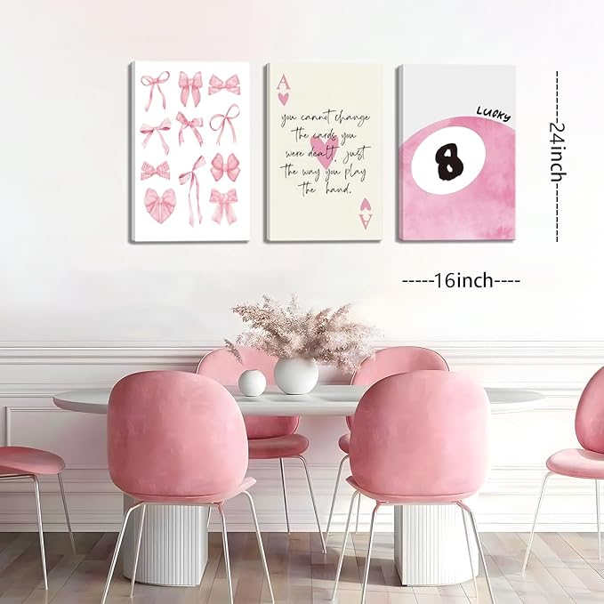 Trendy Pink Bows Canvas Wall Art Set of 3, Vintage Preppy Lucky 8 Ball Wall Decor, Pink Girly Room Aesthetic Posters Prints Painting for College Apartment Living Room Bedroom Framed 16x24 In