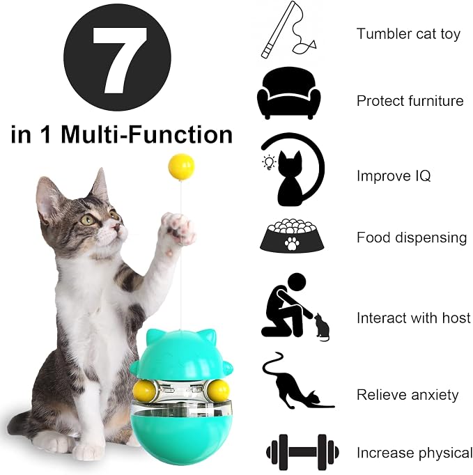 Cat Interactive Toy, Kitty Shape Tumble Food Dispensing Ball, Pet Treat Feeder Leaking Dispenser for Medium Small Dogs Cats (Blue)