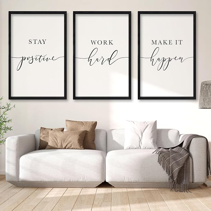 RLWangChao Inspirational Quotes Wall Art Decor 3 Piece 16"X24" Black | Modern Office, Stay Positive Work Hard Make It Happen Motivational, Framed Sign, Living Room Positive Wall Hanging
