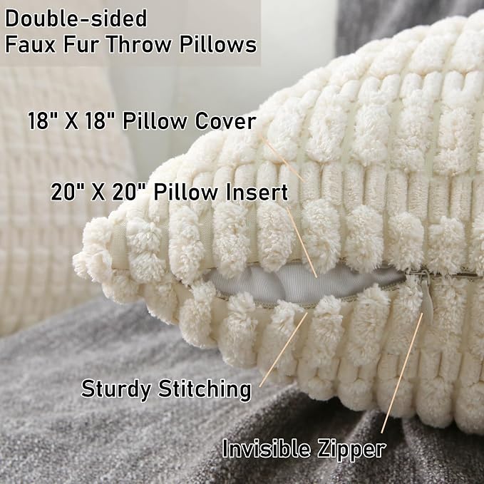 2 Pack Corduroy Decorative Throw Pillow with Inserts, 18x18 Inch Soft Boho Throw Pillow, Square Striped Throw Pillows for Couch, Bed, Sofa Decor (White)