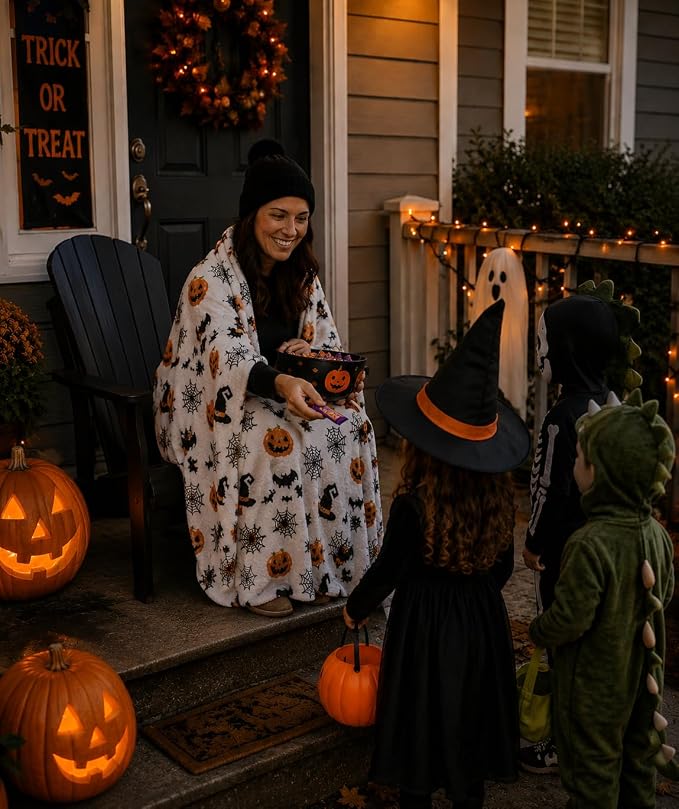 Halloween Fleece Throw Blanket, Witch Hat, Bats, Webs & Pumpkins, 50x60 in | Ultra-soft cozy flannel fleece, for sofa couch bed chair & dorms, spooky Halloween décor, durable and machine washable.