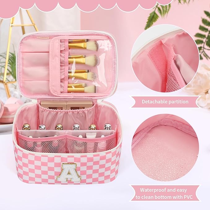 OCHEAL Makeup Bag Valentines Day Gifts for Women, Monogram Cosmetic Bag Pink Travel Makeup Case Beauty Toiletry Bag Organizer Personalized Gifts for Girl Teens Bridesmaid Sister Wife Friends Initial A