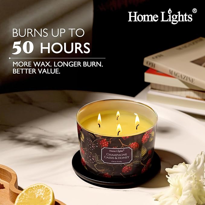 HomeLights Scented Candles for Women & Men, 18oz Candle Jars Aromatherapy 4-Wick Candle, Ideal for Eclectic Mixed Styles Home Decor and Gifts, Champagne Cassis & Honey