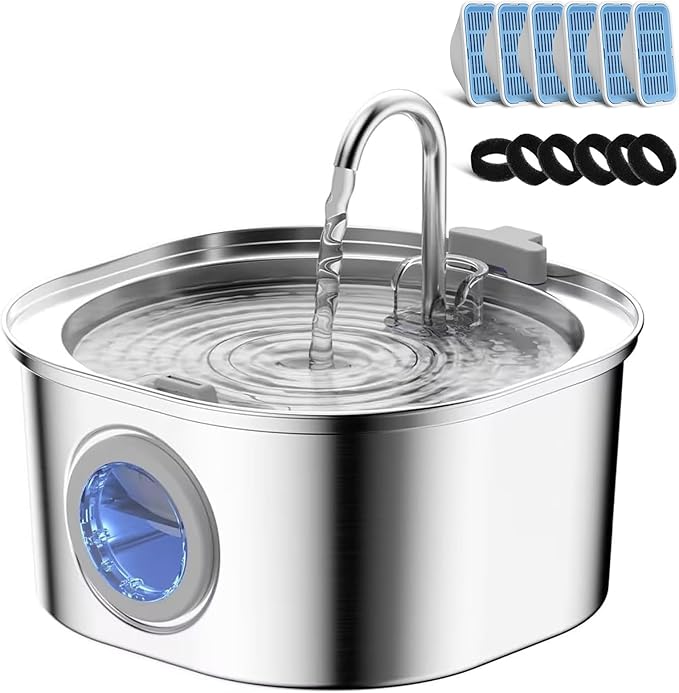 PEKTACO Stainless Steel Cat Water Fountain, 3.2L/108oz with 6 Filters | Cat water dispenser, dishwasher safe, with triple filtration, quiet pump, and visible water window for cats and small pets