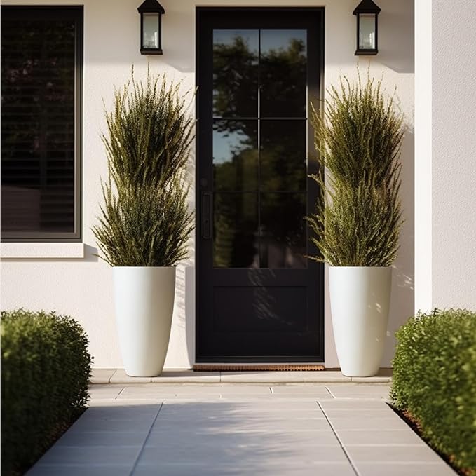 LA Jolie Muse Tall White Planters Set of 2,20 Inch Indoor/Outdoor Round Planters with Shelf Inset,Modern Large Planters with Drainage Holes for Front Door,Balcony and Patio Deck | Set of 2, Large Flower Pots with Drainage Holes and Tray, Modern Planter...
