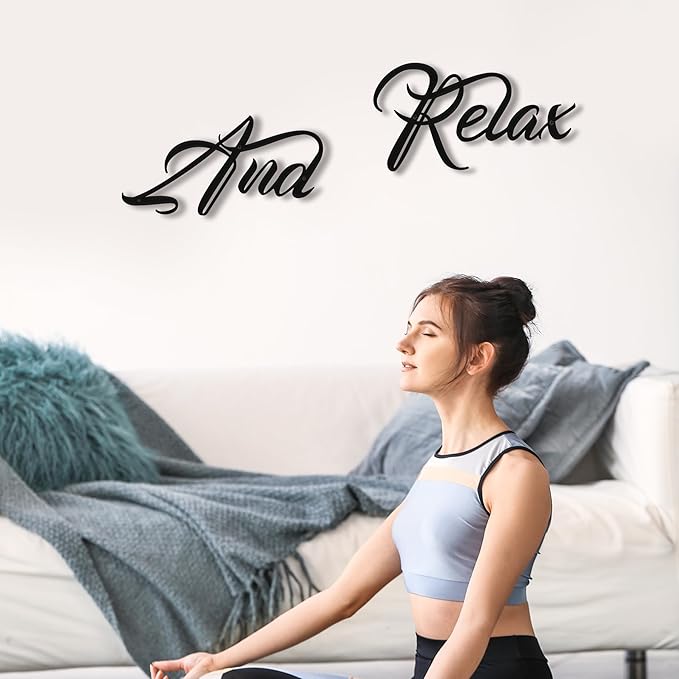 And Relax Metal Wall Art, 3D Black Letter Sign for Bathroom & Spa Decor | 3D black metal "And Relax" letter sign, calming spa-inspired decor for bathrooms, bedrooms, or zen spaces