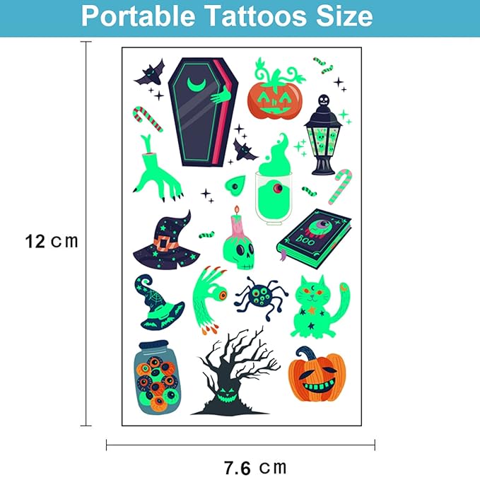Luminous Halloween Temporary Tattoos for Kids, 360Pcs Halloween Cosplay Face Fake Tattoos, Glow In The Dark Tattoos for Adults, Holiday Party Favor Prizes Goody Bag Stuffers, Body Stickers Decorations