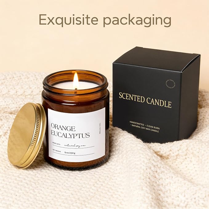 Eucalyptus Orange Scented Soy Candle for Home, Natural Aromatherapy Candles with Essential Oils, Nontoxic Clean Burn, Strong Balanced Scent, 50 Hour Longlasting, Amber Jar Candel for Relax(9oz)