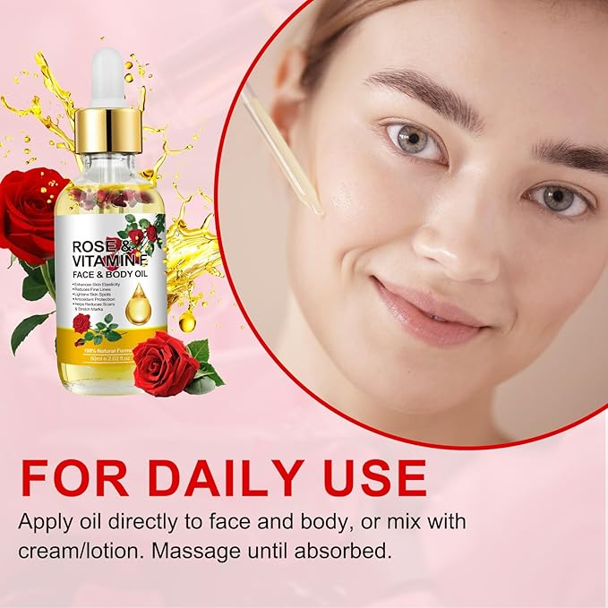 Rose Oil for Face, Rose Vitamin E Oil, Premium Vitamin E Facial Oil - Deep Hydration for Face & Body, Nourishes Dry Skin, Facial Care Support 2 Fl Oz