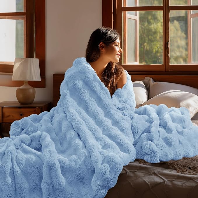 BEDELITE Faux Fur Throw Bubble Blanket for Couch, 60" x 80", Light Blue | 870GSM Soft Cozy Plush Blanket for Sofa & Bed Living Room Decor, Warm Fuzzy Faux Rabbit Fur for Women Gift, All Season Use
