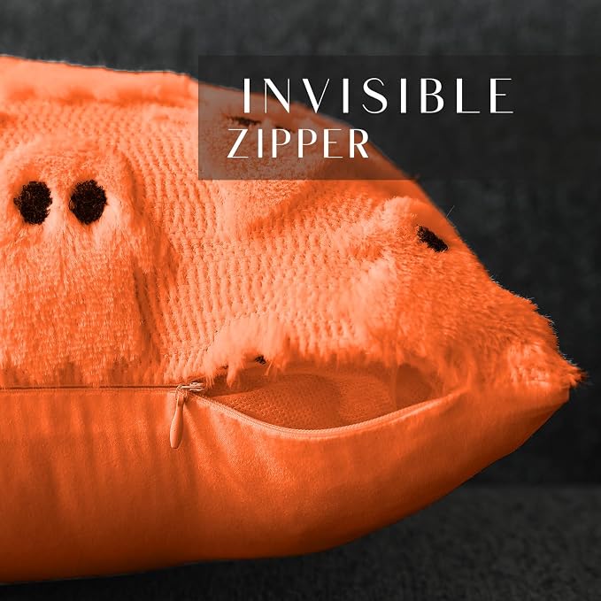 DFXSZ Halloween Pillow Covers 12x20 inch 2Pcs Orange Ghost Halloween Decor | Halloween Decorations Set of 2 Throw Pillow Cases Plush Faux Fur Wool Cushion for Chair Sofa Bedroom Living Room Home Decor