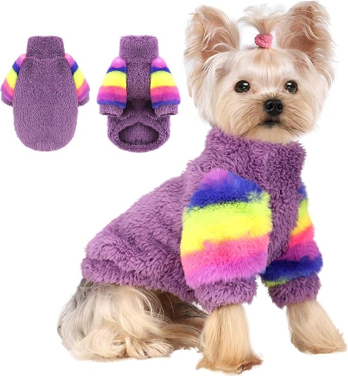 YIKEYO Dog Sweaters for Small Dogs, Chihuahua Fleece Clothes, Small Clothes Winter Warm Puppy Sweaters Boys Girls, Rainbow Sleeve Sweater,Tiny Dog Outfits for Teacup Yorkie (Purple, Medium)
