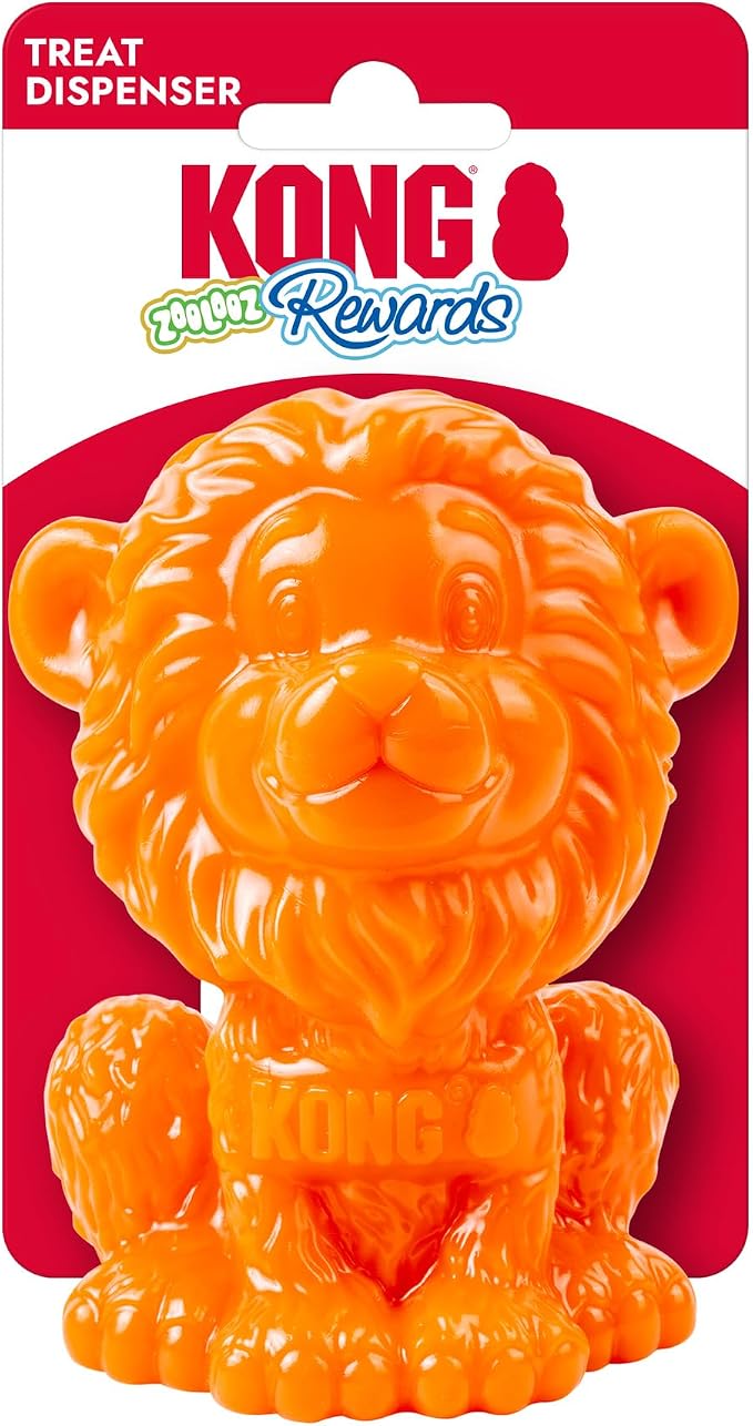 KONG Rewards Zoolooz Treat Dispenser Toy – Interactive Enrichment Puzzle for Dogs – Dispenses Treats & Kibble – Use Ziggies – Assorted Animals (Orange Lion)