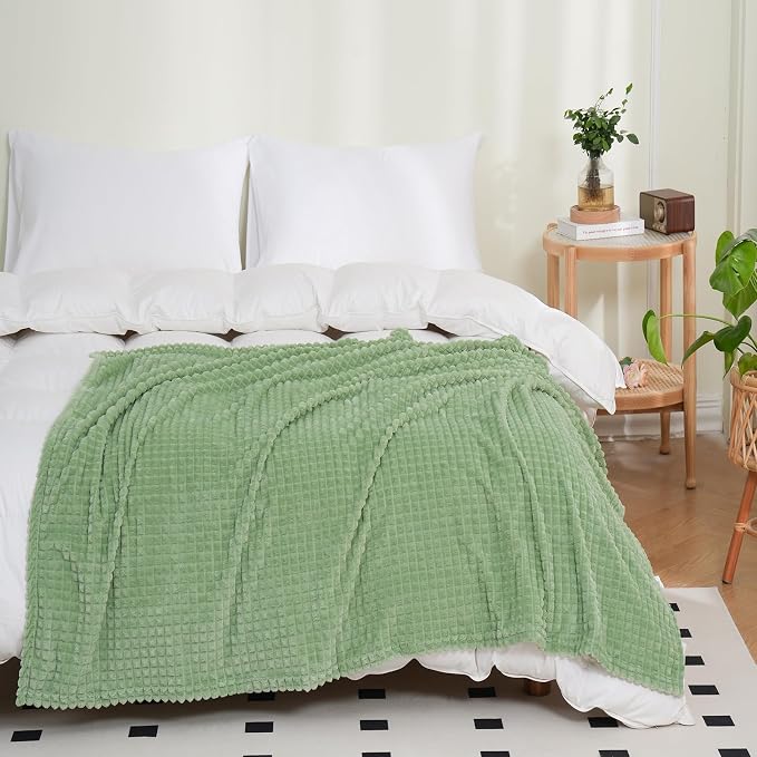 Puncuntex Fleece Throw Blanket Sage Green 108"×90" with Square Grid Design | Super Soft Plush Cozy Flannel Throw Blanket Luxury for Couch Sofa Chair