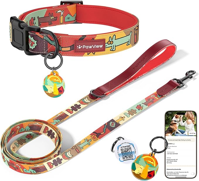 Dog Collar and Leash Set with QR ID Tag, 5 FT Leash, Red, M