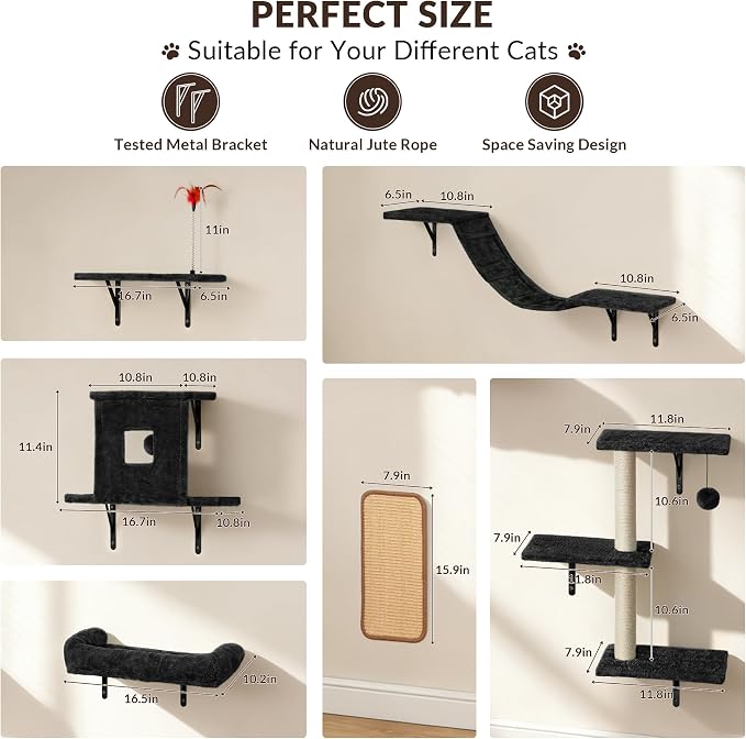 Cat Wall Shelves, 6 in 1 Cat Wall Furniture Set with Condos House, Bed, Bridge, Tree, Steps, Scratching Board, DIY Walls Playground for Indoor (Black)