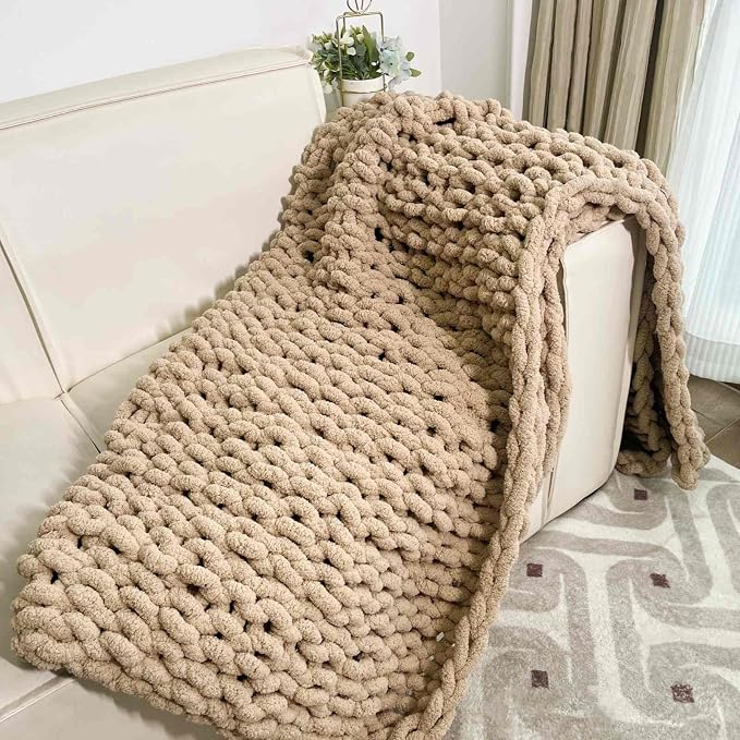 Soft Chunky Knit Throw Blanket for Couch, Cozy Warm Knitted Blankets | Hand Knit with Jumbo Chenille, Lightweight Warm Fluffy Decor for Women, Mom, Her & Girls, Sofa, Chair, Bed, 48"x71" (Tan)