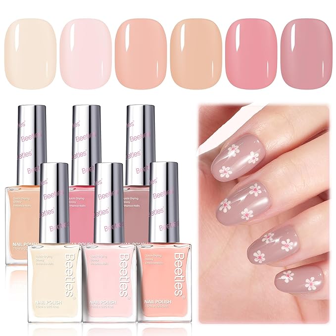 Beetles Nude Nail Polish Set - Vanilla Cloud, 6 Corlors Pastel Nail Polish Pink Quick Dry, Long-Lasting Pastel Nails for Summer & Spring Nails Art Effect for Manicure Salon