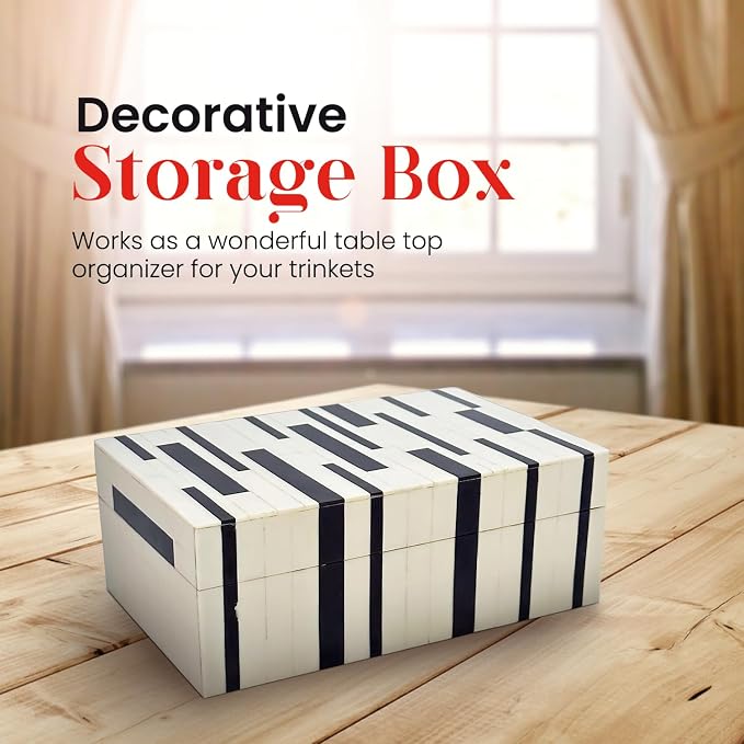 Perilla Home Home Decor Decorative Storage Wooden Box Small Ikigai Organizer Tool Stash Card Craft Treasure Trinket Memory Keepsake Jewelry Box for Men and Women, Gifts For All, Black and Off White