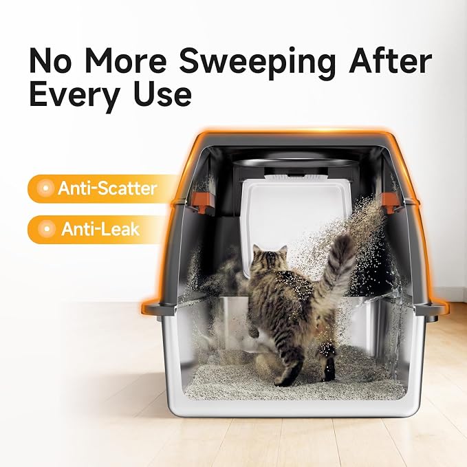 XL Enclosed Stainless Steel Litter Box with Lid, Black | covered, High Sided, Rustproof & Leak Proof, Easy Clean, Odor Control, Includes Scoop & Step & Mat