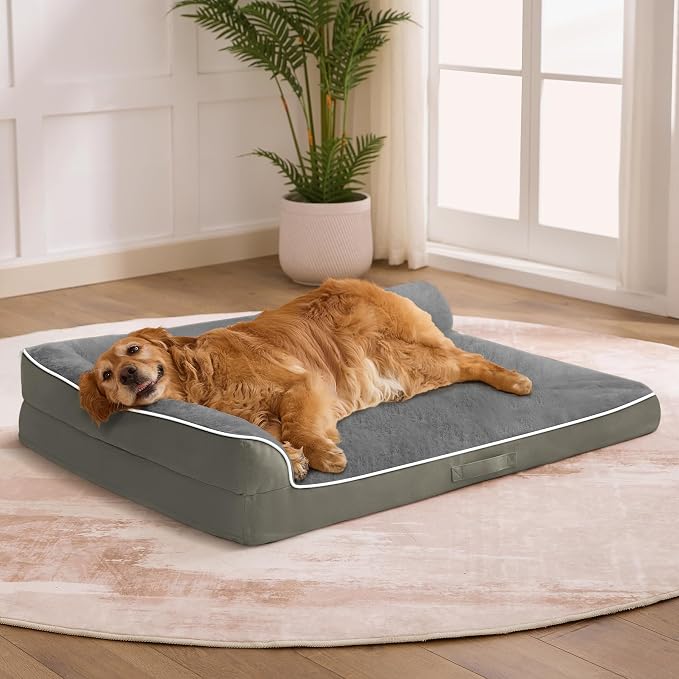 XXL Orthopedic Dog Bed, Extra Large Dogs, 48"x35", Olive Green | Waterproof, Washable Cover, L-Shaped Pet Couch, Egg-Crate Foam for Pressure Relief, Portable Handle