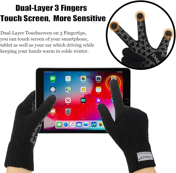 ViGrace Thickened Winter Warm Touchscreen Gloves for Men and Women Touch Screen Fleece Lined Knit Anti-Slip Wool Glove