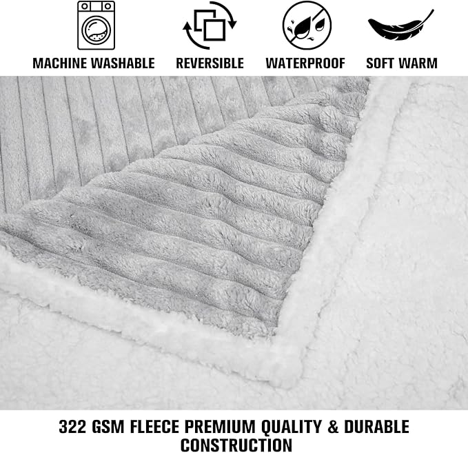 Waterproof Dog Blanket Warm Grey 40x50 in | Soft Pet Cat Blanket Cozy Calming Sherpa Corduroy Fleece Reversible Furniture Bed Protector Small Dogs, Machine Washable