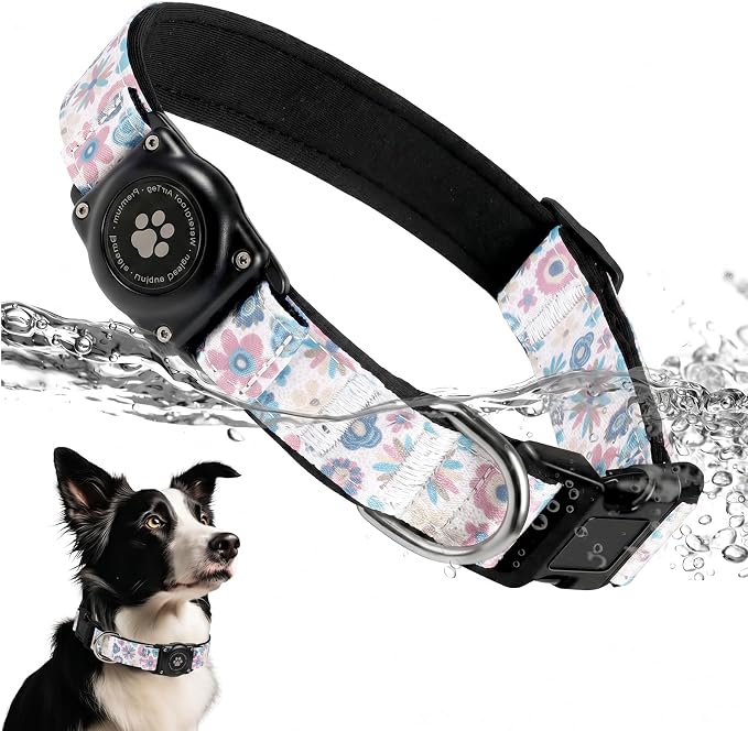 Upgrade Dog Collar with AirTag Holder, IP68 Waterproof, Boho Bloom, M | Built-in Water Resistant AirTag holder, 1000D Nylon, Reflective Stitching for Night Visibility, Soft padding for Comfort