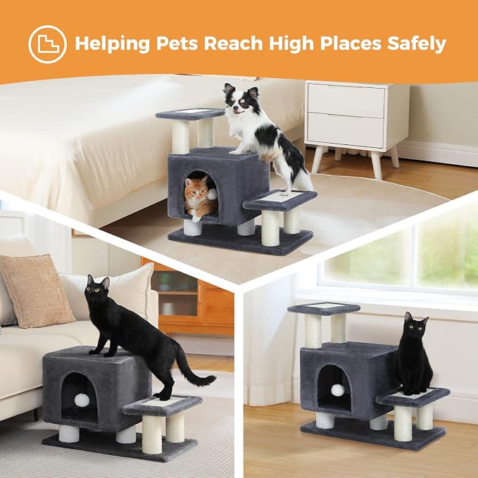 3-in-1 Cat Stairs with Scratching Post & Condo, Pet Steps, Dark Grey | Pet Steps for High Beds, Sofa, Couch, Tall Cat Tower, High-Strength Boards for Indoor Small Cats Kittens Dogs Climbing Play