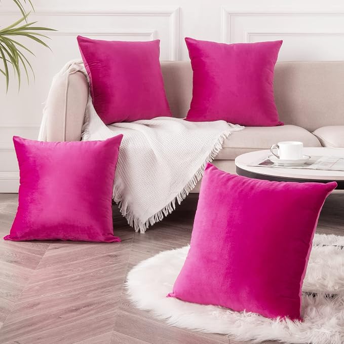 Velvet Decorative Throw Pillow Covers, Soft Square Cushion Case Home Decor for Living Room Couch Bed Sofa, Set of 2 Pack, Hot Pink, 20x20 Inch