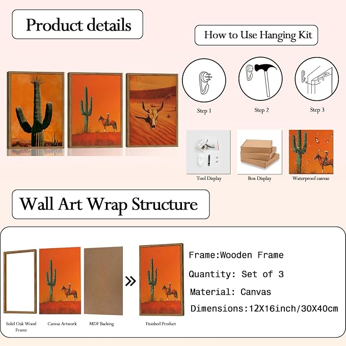 Framed Western Cowboy Canvas Wall Art Set of 3, Vintage Desert Cactus Pictures Wall Decor, Longhorn Bull Skull Paintings Prints Southwestern Home Decor for Living Room Bedroom 12x16 inch