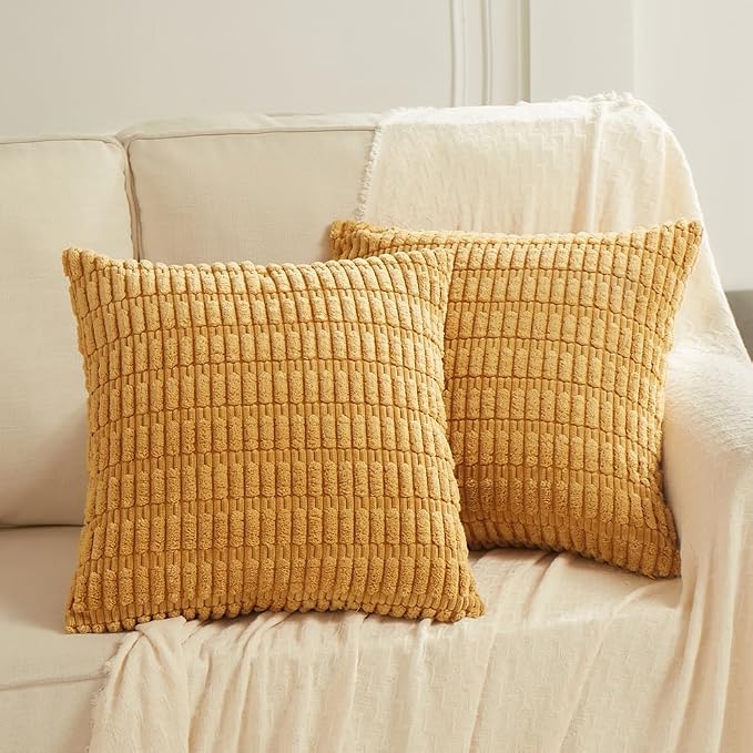 Fancy Homi Decorative Throw Pillow Covers for Bed Couch Bedroom Bench, Soft Corduroy Solid Pillow Case, Rustic Farmhouse Boho Room Decor,18" x 18" (Pack of 1),Mustard Yellow
