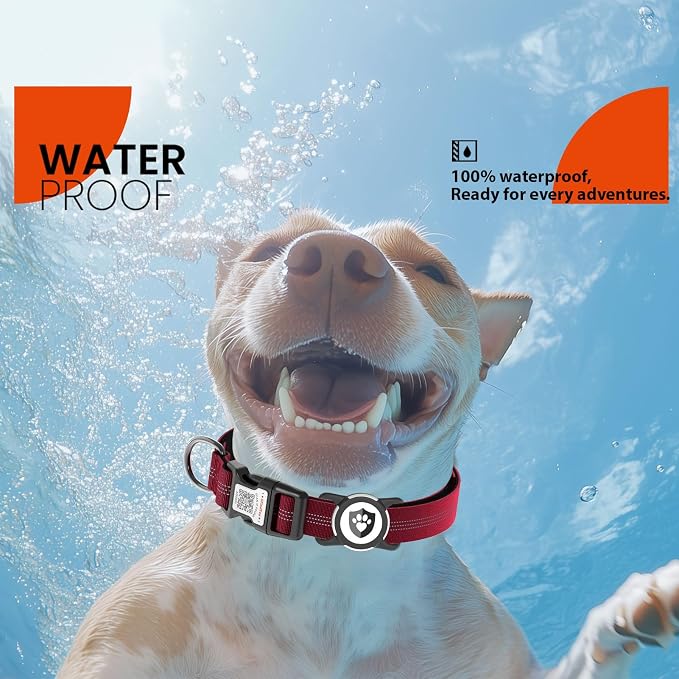 Waterproof AirTag Dog Collar with QR Code Dog Tag, Burgundy S | IP68 waterproof, QR code dog tag, Anti-Lost, Online profile, fits XS-L (8"-26"), Padded nylon, Reflective, No App, No Fees