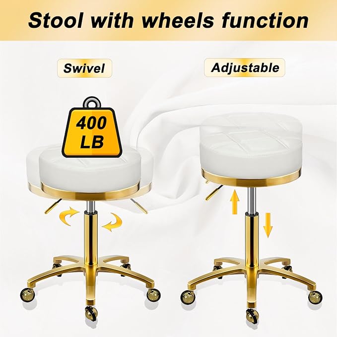 Gold Rolling Vanity Stool with Wheels, Salon Spa Tattoo Massage Pedicure Chair, PU Leather Roller Chair, 43-55cm Height Adjustable Office Work Swivel Stool (White, Without Back)