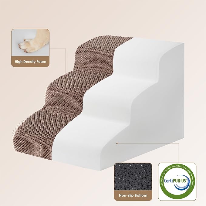 EHEYCIGA Curved Dog Stairs Ramp, 3-Step Dog Steps, 15.7" H Pet Step | 33D density of pure foam, for Small Dogs and Cats, Pet Stairs for High Bed Climbing, Non-Slip Balanced Indoor, Brown