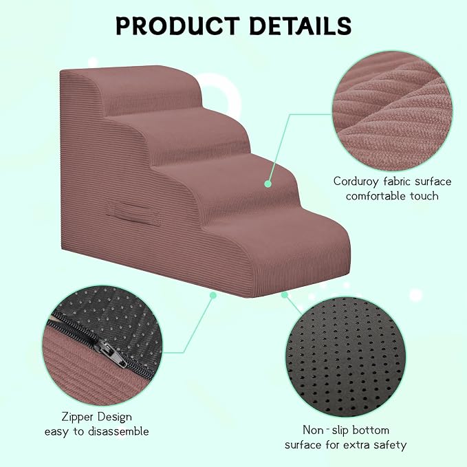 Mesa Lemon 4 Step Dog Stairs Pet Ramp for High Beds, Sofas and Cars | High Density Foam, Non-Slip Bottom, Removable Washable Cover, Portable Handle, Holds Up to 50 lbs, 20 Inch Height