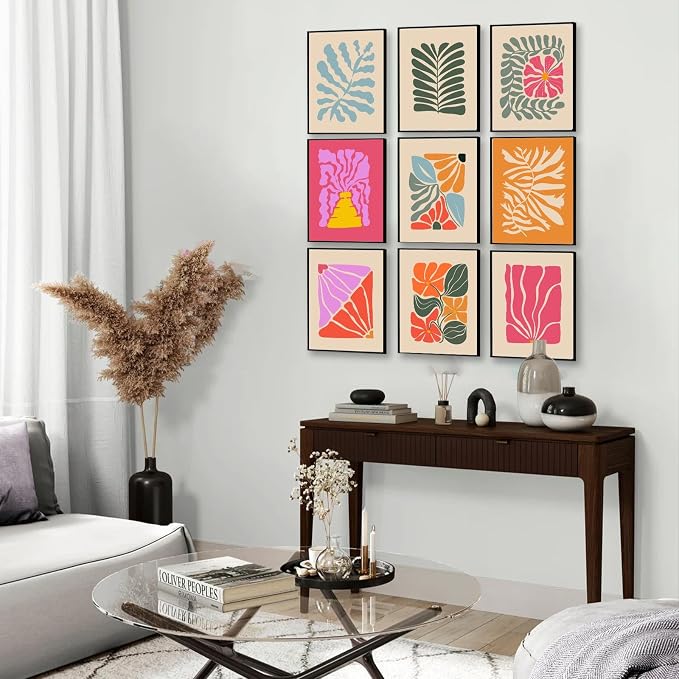 Abstract Botanical Prints Set of 9, Colorful Eclectic Gallery Wall Art Wavy Flower Floral Plant Wall Decor, Aesthetic Bedroom Decor Canvas Artwork Painting, Maximalist Art Prints & Posters for Boho | Canvas Prints, Unframed, Matisse Preppy Pictures, Wa...
