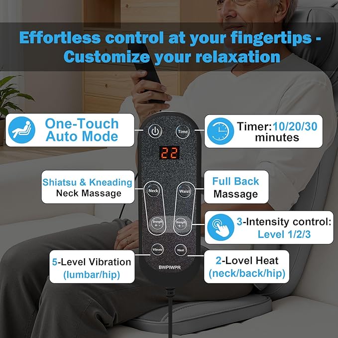 Shiatsu Neck Back Massager with Heat - 4D Kneading Full-Body Massage Cushion with Vibration, Dual-Neck Design, Adjustable Intensity, Height for Release Stress, for Office Chair, Home, Grey