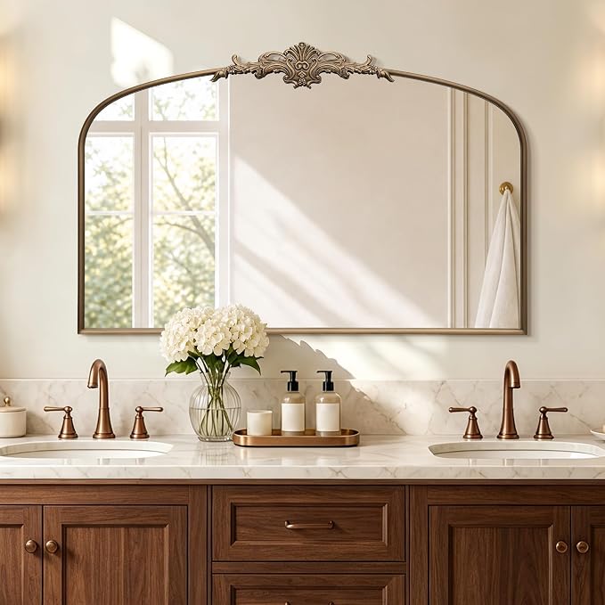 Besdomus Antique Arched Gold Mirror: 55"x36" Extra Large Brass Decorative | French Vintage Baroque Ornate Metal Frame for Home Renovation - Ideal for Double Vanity/Entryway/Fireplace Mantel/Living Room