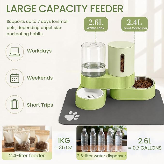 Gravity Cat Feeder 2 Pack Automatic Food Feeder Stainless Steel Water Dispenser Set 360° Rotatable Pet Bowls with Silicone Mat and Brush for Cats Small Medium Dogs, Large Capacity(Green)