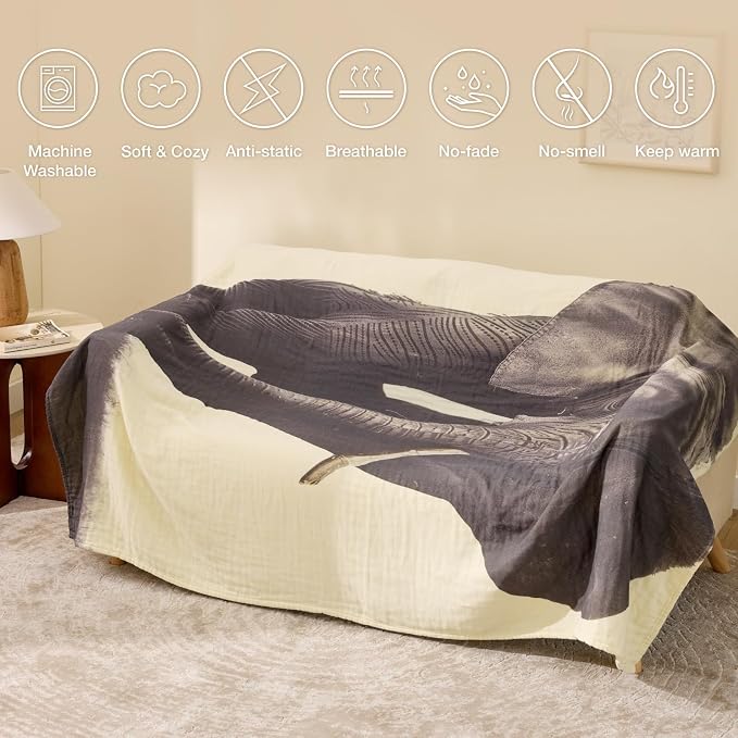 100% Cotton Boho Throw Blanket for Home Decor – Classic Farmhouse Quilt Bedding, Muslin Blankets for Adults, Vintage Woven Decorative Blanket for Couch, Bed Layering Use, Elephant Printed, 90"x90"