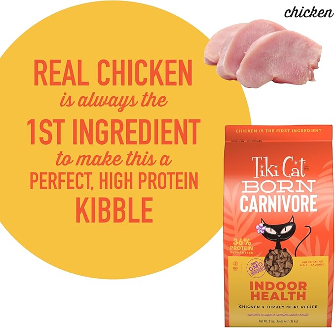Tiki Cat Born Carnivore Dry Cat Food, Chicken & Turkey Meal, 3 lbs. Bag | Crunchy Kibble Texture for Indoor Cats, Real Animal Protein, Non-GMO Ingredients, Supports Immune and Digestive Health