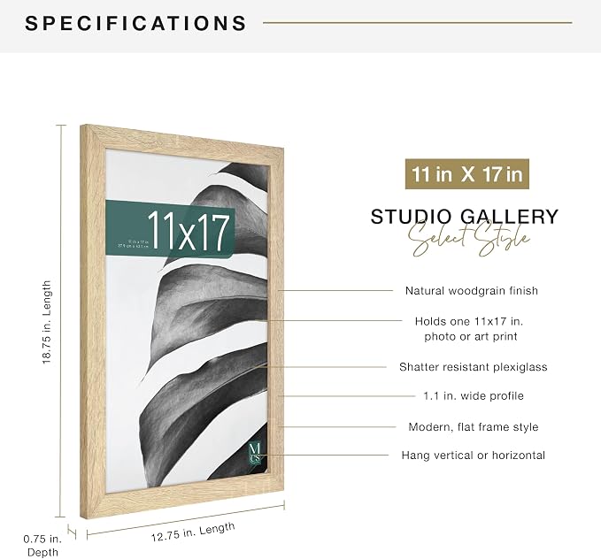 MCS Studio Gallery 11x17 Picture Frame Natural Woodgrain Engineered Wood, Rectangle Photo Frame for Photos, Posters & Art Prints (1-Pack)