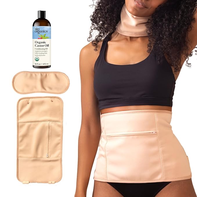 Sky Organics - Organic Castor Oil Pack Wrap Set - 16oz Castor Oil Organic, Adjustable Neck & Body Wraps, Body Wipes - for Liver Detox, Constipation Relief, Skin Care, Muscle Pain - Self Care - Beauty