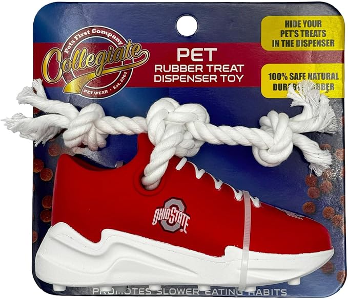 NCAA Ohio State Buckeyes Cleat Sneaker Spike Dog Toy, Treat Dispenser Chew Toy for Dogs, Interactive Rope Tug Toy, Slow Feeder Natural Rubber Dog Toy with Official Team Logo for Puppies & Adult Dogs