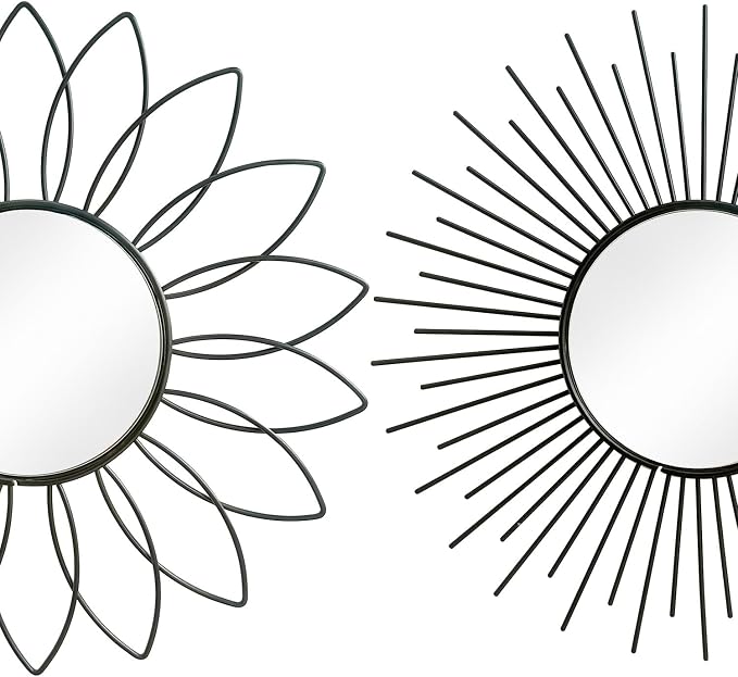 3 Pack Metal Mirrors for Wall Sunburst Wall Mirrors Home Décor Decorative Hanging Wall Art for Living Room Bedroom Entryway (Black2, Flower+Sunburst)